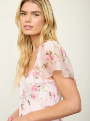 Floral Chiffon Flounce Sleeve Shirred Midi Dress Small thumbnail 3