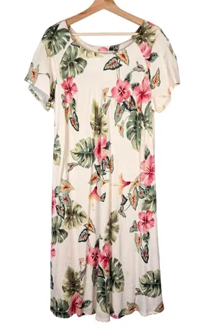 Iolani Hawaii Vintage‎ Tropical Floral Rayon Jacquard Midi Dress XL Cream Pink thumbnail 1