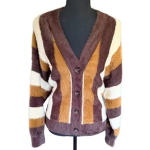Industry Republic Clothing Women’s Large Fuzzy Striped Cardigan Brown Cream thumbnail 2