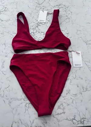NWT Quince Cherry Red Italian Plunge Bikini Top & High Rise Hight Leg Bottom Set thumbnail 1