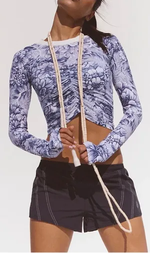 NWOT Free People FP Movement Tempo Ruched Printed Long Sleeve - navy floral - S thumbnail 1