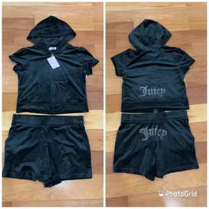 Juicy Couture NWT Tracksuit Set Womens Black Velour Rhinestone Hoodie Shorts L thumbnail 2