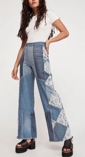 Free People In‎ My Element Patched Flare Jeans Blue Lace Crochet 25 thumbnail 1