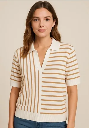 Aaeda Polo Collar Stripe Sweater Gold Metallic short sleeves Sz XL thumbnail 1