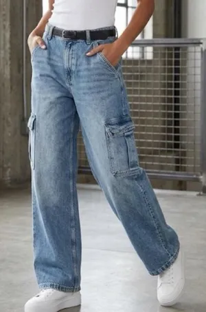 H&M Divided Blue Denim Baggy Fit Cargo Jeans thumbnail 1
