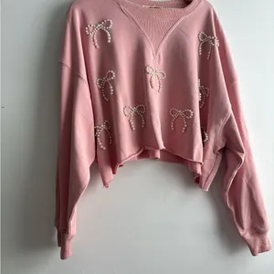Peach Love California Pink and White Crew Neck Sweater thumbnail 2