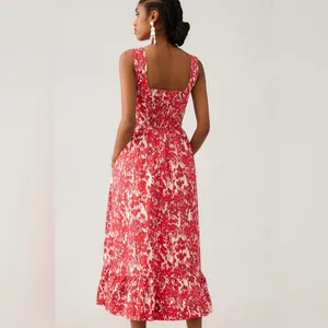 Anthropologie Aureta Square Neck Corset Midi A Line Dress Red White size M thumbnail 2