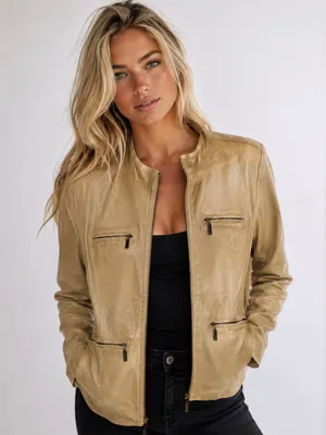 Ruff‎ Hewn Camel Leather Jacket Moto World Map-Lined Traveler Parisian Scandi thumbnail 1