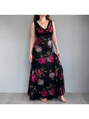 Jeffrey & Dara Vintage Velvet Black Rose Maxi Dress Women 12 thumbnail 2