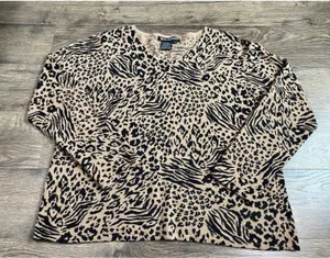 Womens Nina Leonard cheetah print vintage lambswool angora v neck sweater SZ 1+‎ thumbnail 1