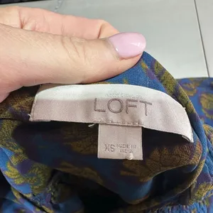 LOFT XS Floral Smocked Blouse Blue Mustard Purple Yoke‎ Keyhole EUC Flowy Fall thumbnail 6