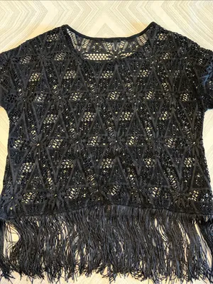 Drew Women’s Black Crochet Short Sleeve Top with Fringe Hem – Size Medium thumbnail 5
