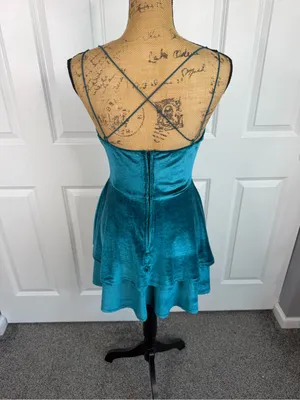 Altar’d State Teal Velvet Tiered Mini Dress Spaghetti Strap Sz S NWOT thumbnail 5