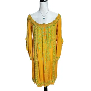 Poupette St. Barth Yellow Embroidered Off Shoulder‎ Smocked Resort Mini Dress thumbnail 2