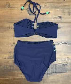 Aerie Two Piece Swimsuit Blue Embroidered Full Coverage High Waist Bottom M/L thumbnail 5
