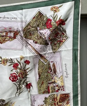 Italian Riviera Inspired Scarf 26x26 Square Cream Green Gold Red Pallet VINTAGE thumbnail 7