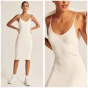 Abercrombie & Fitch Slip Midi Sweater Dress Size XL V-Neck Spaghetti Strap White thumbnail 2