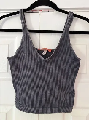 Current San Francisco Ribbed‎ Crop Tank Top Grey V-Neck Mineral Wash OS thumbnail 1