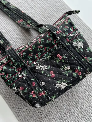 Vintage Handmade Quilted Sewing Bag Black Cherry Print thumbnail 2