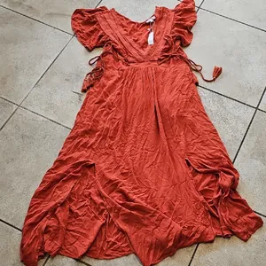 NWT Baltic Born Burnt Orange Maxi Flowy Vheck Dress Short Sleeve Sz 6 thumbnail 1