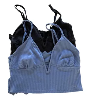 Aerie Ribbed Lace Back Bralette Women Small Blue Black Coquette V-Neck Cami 2pk thumbnail 1