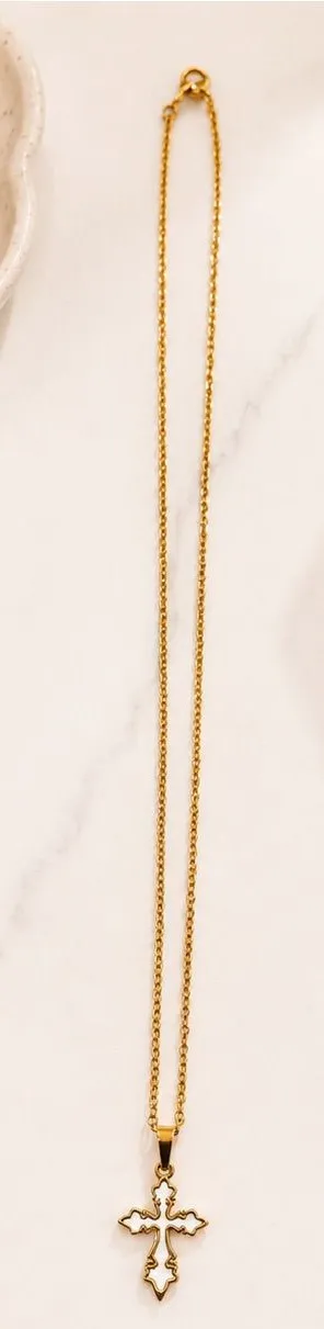 Gold plated Cross Pendant Necklace white inlay cute preppy religious Christian thumbnail 1