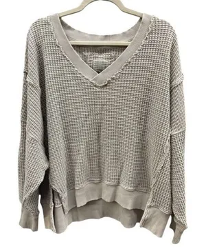 American Eagle Waffle Knit Thermal V-Neck‎ Oversized Sweater Tan Beige Small thumbnail 1