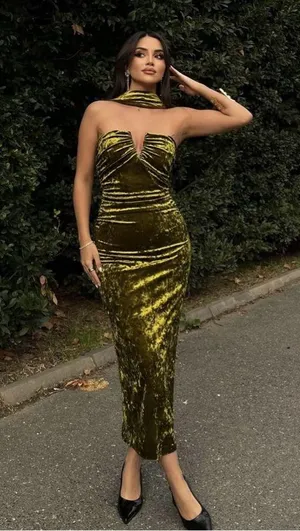 Zara dress velvet Halter neck shawl corset bodycon velour green evening gown thumbnail 5