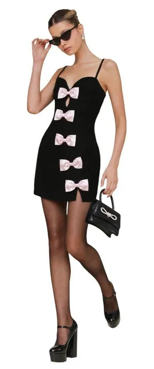 NWT Avec Les Filles Sweetheart Bow Trim Sleeveless Mini Dress Black / Pink 8 thumbnail 1
