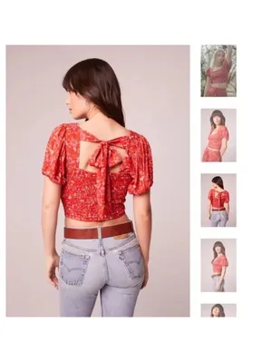 Band of Gypsies NWT Red Floral Smocked Crop Top Short Sleeve Size M thumbnail 8