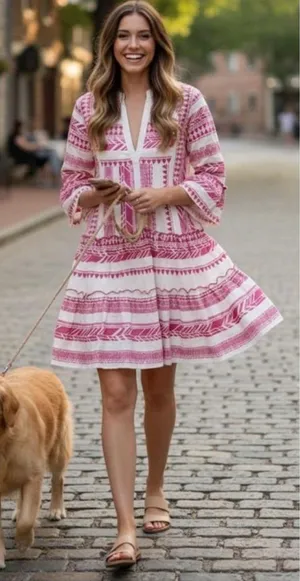 THML Pink & White Embroidered Tiered V-Neck Dress size-S thumbnail 1