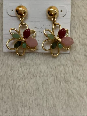 Talbots Gold Floral Dangle Earrings with Pink and Green Stones thumbnail 3