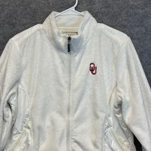 OU Jacket Women's Large White Full‎ Zip Oklahoma University Logo Faux Fur Soft thumbnail 1
