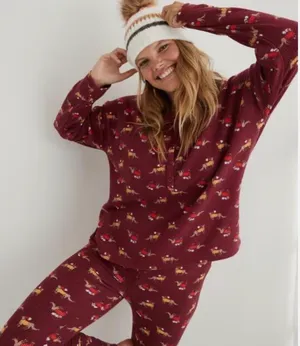 Aerie Dark Red Waffle Knit Henley Dog Patterned Long Sleeve Lounge Top Size XS thumbnail 4