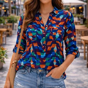 New A.N.A Colorful Geometric Blouse Size L | Semi Sheer Button Front Boho Top thumbnail 1