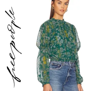 Free People Clarissa Printed Top in Sea Combo Sz L thumbnail 3