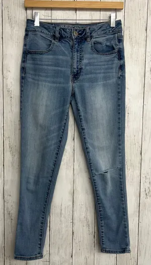 American Eagle Super Stretch Mid Rise Light Wash Distressed Skinny Jeans 6S thumbnail 1