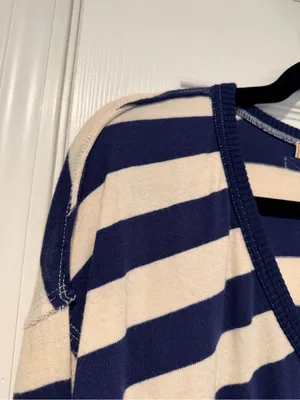 NWOT Free People We The Free Size L Blue Cream Striped Thermal Knit V Neck Top thumbnail 3
