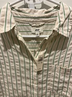 aerie Cream and Green Vertical Stripe Button-Down sleep Shirt NWT thumbnail 5