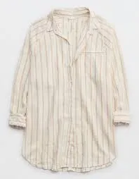 Aerie linen blend coverup shirt - tan and cream thumbnail 1