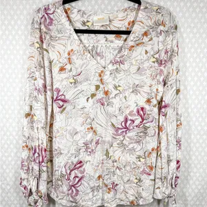 Anthropologie Maeve White Pink‎ Floral Pernille Tie Sleeve Top thumbnail 2