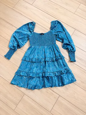 VICI Teal Metallic Stripe Tiered Mini Dress Smocked Puff Sleeve NWOT Size M thumbnail 2