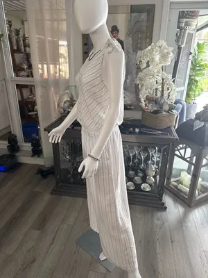 4OUR DREAMERS White Pinstripe Linen-Blend Tie-Shoulder Jumpsuit thumbnail 5