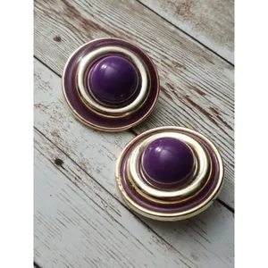 Vintage Clip On Earrings Purple & Gold Tone Layered Circle Statement thumbnail 2