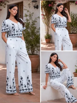 NWT White & Black Embroidered Two-Piece Wide-Leg Pants Set Large thumbnail 5