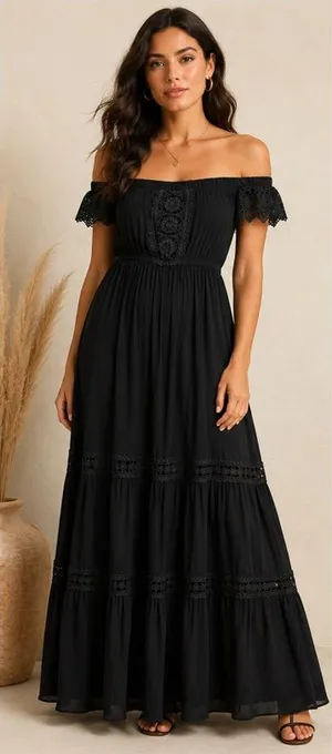 J for Justify Black One-Shoulder Maxi Dress with Crochet Trim Size M thumbnail 1