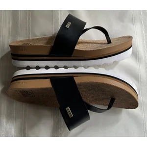 REEF Cushion Sol Hi Platform Flip Flop Sandals Black Tan Womens 9 Cork Wedge EUC thumbnail 7