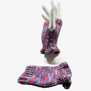 Handknit Wrist Warmers Blue & Pink Ruffle Cuff thumbnail 2