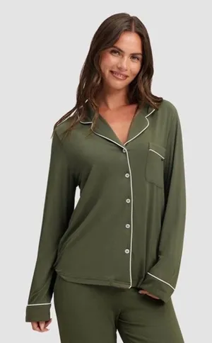 NWT Cozy Earth Bamboo Stretch Knit Classic Long Sleeve Pajama Top Olive Green M thumbnail 1