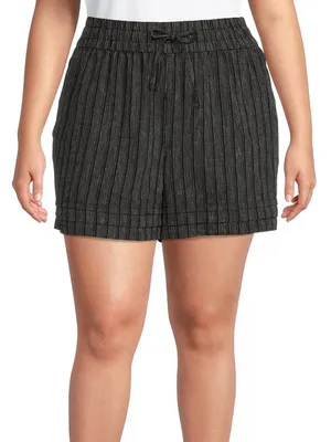 Terra & Sky Plus Linen Cotton Pleated Pull-On Shorts Black / White Stripe sz 1X thumbnail 1